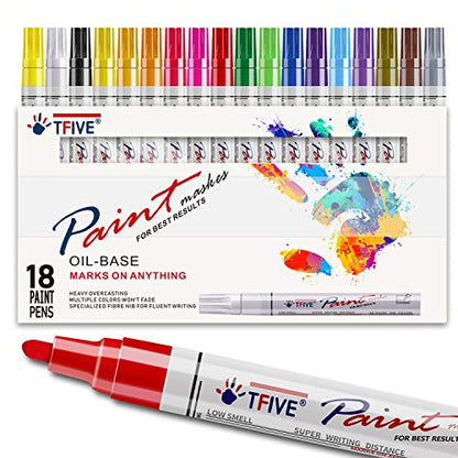 TFIVE Paint Pens Paint Markers Never Fade Quick Dry and Permanent,18 Color Oil-Based Waterproof Marker Pen Set for Rock Painting, Stone, Ceramic, Wood, Fabric, Plastic, Canvas, Glass, Mugs