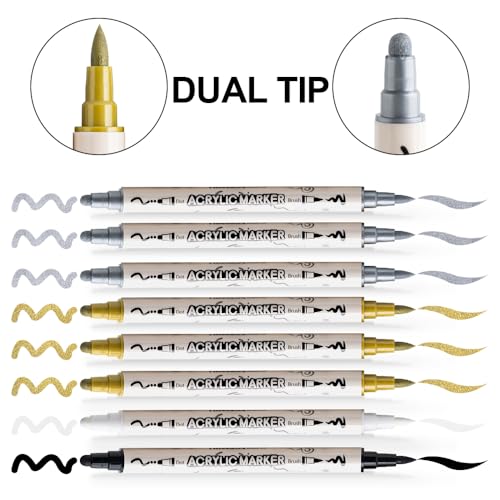 TRANSON 3 Gold, 3 Silver, 1 Black and 1 White Paint Markers Brush and Bold Dual-tip Acrylic Paint Marker Set for Rock Painting Glass Canvas Wood Leather Ceramic Painting - style: Bold and Brush 3 Gold 3 Silver 1 Black and 1 White