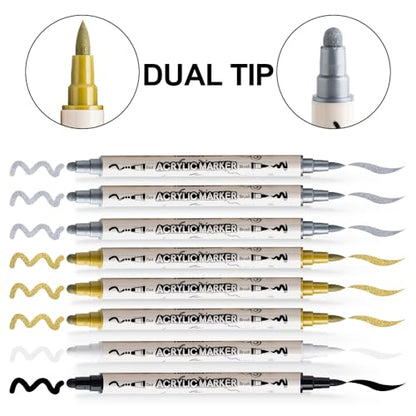TRANSON 3 Gold, 3 Silver, 1 Black and 1 White Paint Markers Brush and Bold Dual-tip Acrylic Paint Marker Set for Rock Painting Glass Canvas Wood Leather Ceramic Painting - style: Bold and Brush 3 Gold 3 Silver 1 Black and 1 White
