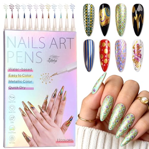12 Colors Metallic Nail Art Pens Set, 0.5mm Nail Polish Pens Acrylic Paint Markers for Nails, Quick-Drying Glitter Nail Polish Pens for 3D Drawing, DIY Manicure Tools for Home & Salon - color: Purple