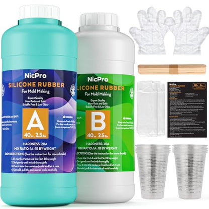 Nicpro 80 oz Silicone Mold Making Kit 20A, Platinum Liquid Silicones Rubber for Mold Maker, Jade Green Flexible & Food Safe Mix Ratio 1:1 for Casting 3D Resins Molds DIY with Gloves, Sticks & Cups - size: 80oz