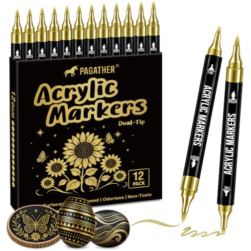 Pagather Gold Acrylic Paint Markers, 12 Pack Dual Tip with Fine Tip and Brush Tip Pens for Fabric, Stone, Wood, Canvas, Ceramic, Metal - color: Gold