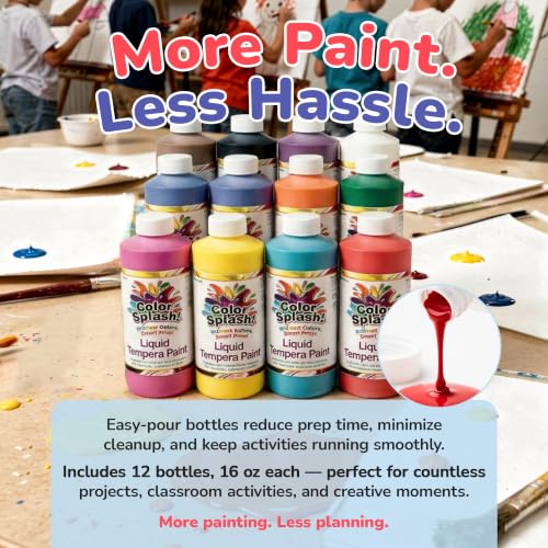 S&S Worldwide Color Splash! Washable Tempera Paint Set of 12-16oz Easy-Pour Paint Bottles in 11 Bright Colors - Great for Arts & Crafts, School, Classroom, Poster Paint, Non-Toxic