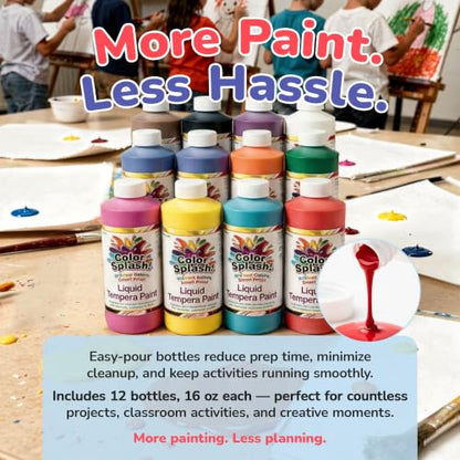 S&S Worldwide Color Splash! Washable Tempera Paint Set of 12-16oz Easy-Pour Paint Bottles in 11 Bright Colors - Great for Arts & Crafts, School, Classroom, Poster Paint, Non-Toxic