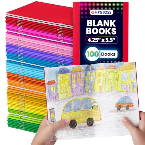 Hygloss Blank Books - Bulk 100 Pack – 4.25" x 5.5" A6 Assorted Colors – Paperback Blank Books for Kids to Write Stories, Doodle Art – Plain Drawing Sketchbook, Unlined Journal, Notebook Without Lines - color: Assorted Colors, style: 100 Books