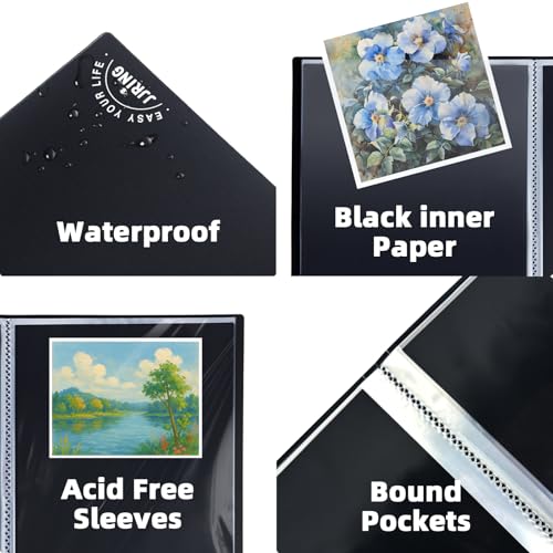 JJRING 18x24 Art Portfolio Folder with Plastic Sleeves, 24-Pocket Portfolio Binder Displaying 48 Pages, Presentation Book with Black Inner Paper for Artwork Storage, Black - size: 18*24