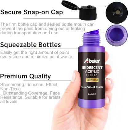 ABEIER Iridescent Acrylic Paint, Set of 18 Chameleon Colors, 2 oz/60ml Bottles, Color-shifting, Non-Toxic, High Viscosity, Blendable, Paints on Rocks Crafts Canvas Wood, Fabric, Ceramic & Stone - color: 18 Colors