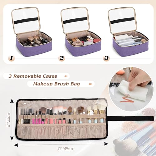 LUXJA Rolling Makeup Case with 3 Removable Pouches and 1 Makeup Brush Bag, Large Makeup Bag Cosmetic Bag with Detachable Dolly (Patented), Purple - color: Purple