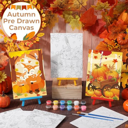Blosssound 10 Set Fall Thanksgiving Pre Printed Canvas Autumn Pre Drawn Canvas Painting with Easel Kits 5" x 7" Outline Painting Panels for Beginners, DIY Craft Project, Home Decors - style: Autumn