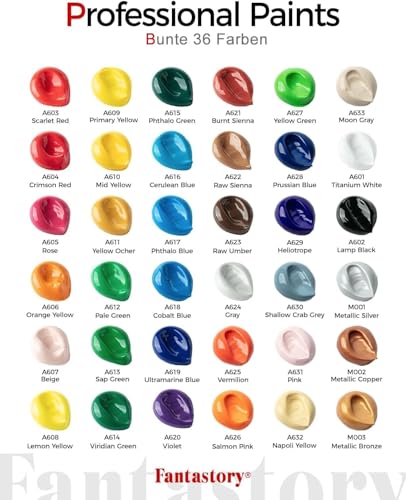 Fantastory Acrylic Paint Set 36 Classic Colors(2oz /60ml) with 12 Brushes, Professional Craft Thick Paints Kits for Adults, Canvas Wood Fabric Ceramic Rock Painting Supplies [Professional Series] - style: 36 Classic Colors