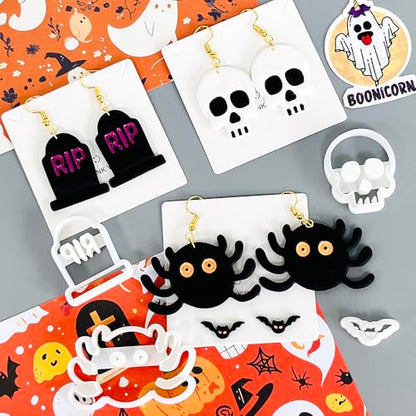Xaekicr Halloween Polymer Clay Cutters Set – 8Pcs Clay Earring Cutters for Polymer Clay Jewelry, Ghost Bat Skull Pumpkin Shapes Clay Tools and Molds for DIY Crafts - color: A color