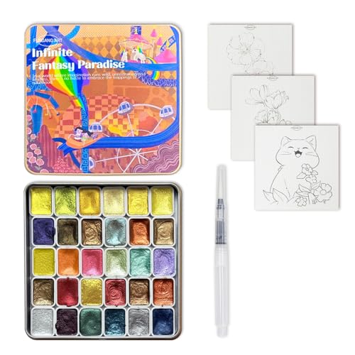 Glitter Watercolor Painting Kit,30 Color Shifting Watercolor Paint Set, Metallic Watercolor Paints, Solid Water Colors Paint Adult Set, Detail Paint Brush Included, for Artists