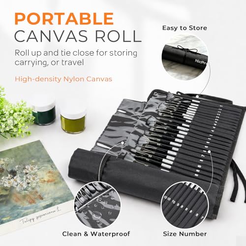 Nicpro 36pcs Paint Brush Set, Professional Paintbrushes with Palette Knife and Cloth Roll, Suitable for Artists and Beginners for Acrylic Painting, Oil, Watercolor, Gouache - color: Silver