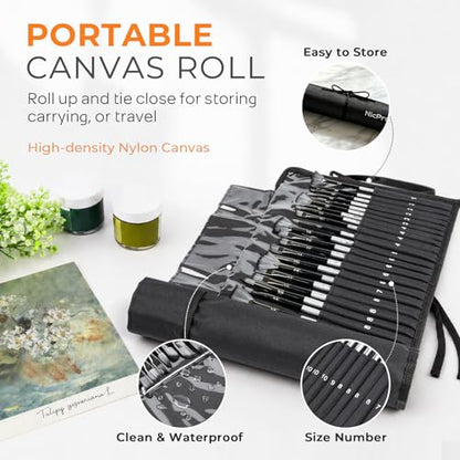 Nicpro 36pcs Paint Brush Set, Professional Paintbrushes with Palette Knife and Cloth Roll, Suitable for Artists and Beginners for Acrylic Painting, Oil, Watercolor, Gouache - color: Silver