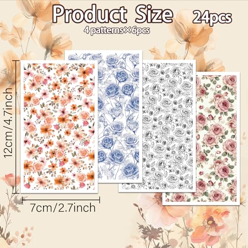 OLYCRAFT 24Pcs Line Rose Clay Transfer Paper 4 Styles Transfer Paper for Polymer Pink Rose Polymer Clay Transfer Sheets Blue Floral Small Transfer Paper for Clay Earrings Jewelry Making - style: Line Rose