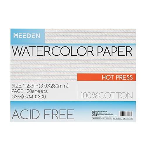 MEEDEN Watercolor Paper Block, 100% Cotton Watercolor Paper Pad of 20 Sheets, 140lb/300gsm, Acid-Free Art Paper for Watercolor, Gouache, Ink and More, 9" x 12" Hot Press - color: Hot Press, size: 9×12"