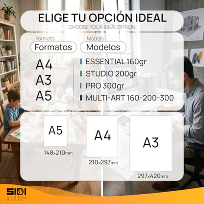 SIDI – A4 Professional Drawing Pad, 160 g/m², Sketchbook Paper, Thick Non-Bleed Paper, for Pencil, Marker and Sketching, Smooth Surface, 25 Drawing Sheets (Essential 160, 25 Sheets)