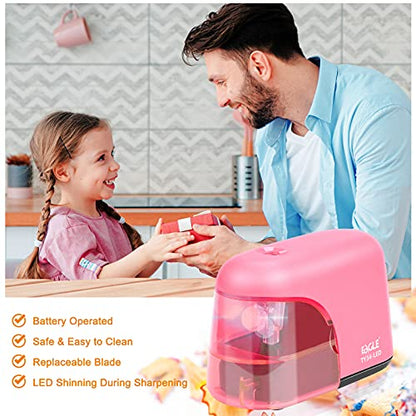 Eagle Electric Pencil Sharpener, Battery Powered Sharpener, LED Light Shinning During Sharpening, Portable, with Reusable and Replaceable Blade, Suitable for Kids, Ideal School Office Supplies (Pink) - color: Pink