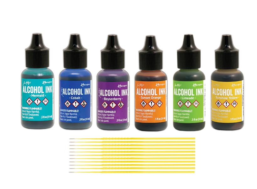 Ranger Tim Holtz Alcohol Inks Bundles - 6 Bottles of Tim Holtz Alcohol Inks with Trebbies Fine Detail Sticks (Shades of Bloom) - color: Shades of Bloom