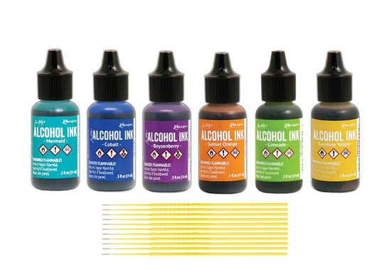 Ranger Tim Holtz Alcohol Inks Bundles - 6 Bottles of Tim Holtz Alcohol Inks with Trebbies Fine Detail Sticks (Shades of Bloom) - color: Shades of Bloom