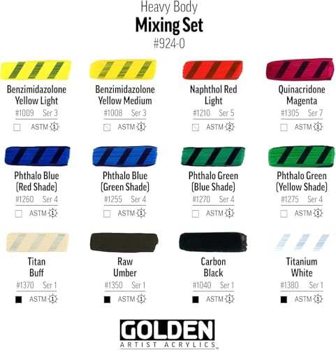 GOLDEN Heavy Body Acrylic Paint Set, 12 Color Professional Acrylic Paint Set, Twelve 3/4 Fl Oz Tubes with 2 Fl Oz Gloss Glazing Liquid, Bundle with Sticky Notes