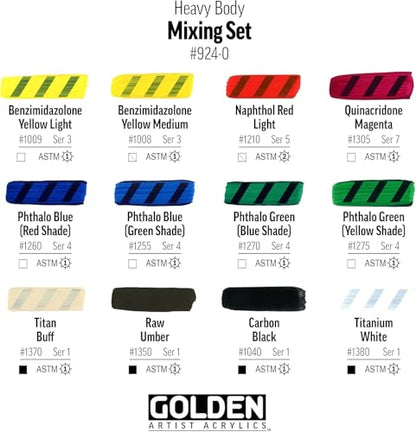 GOLDEN Heavy Body Acrylic Paint Set, 12 Color Professional Acrylic Paint Set, Twelve 3/4 Fl Oz Tubes with 2 Fl Oz Gloss Glazing Liquid, Bundle with Sticky Notes