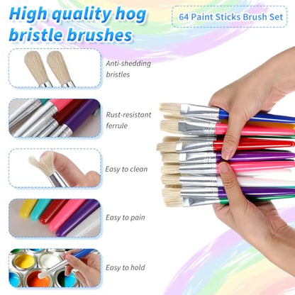 64 PCS Paint Brushes Kids Sets, Toddler Paint Brushes Colorful Washable Round and Flat Kids Brush for Daycare School Classroom Halloween Easter Egg, Face Painting, Acrylic, Oil or Watercolor