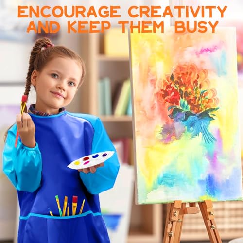 POPYOLA Acrylic Paint Set for Kids, Non Toxic Kids Painting Set with Tabletop Easel, Acrylic Paints, Smock, Canvases, Wooden Stencils, Brushes, Painting Kit Gift for Beginner Student Toddlers - color: Blue