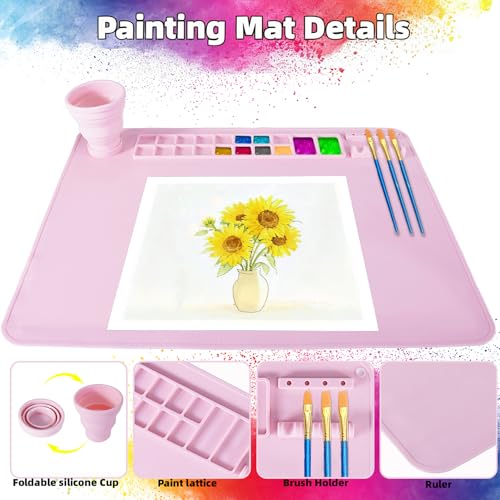 Silicone Painting Mat, 20"X16" Craft Mat,Large Art Mat with Built in Cup and Paintbrush Holder, Nonslip Clay Mats, Color Dividers Silicone Mats for Painting, Table, Resin and DIY Pink - color: Pink