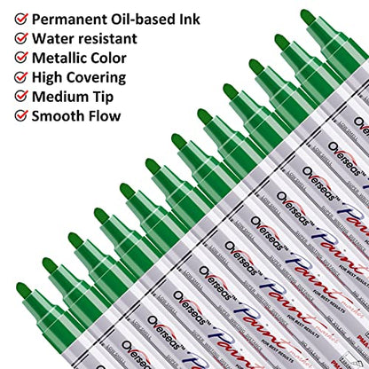 Lesun Green Paint Pens Markers - 12 Pack Waterproof Oil-Based Paint Pen Set Quick Dry and Permanent Markers for Metal, Rock Painting, Stone, Ceramic, Wood, Fabric, Plastic, Canvas, Glass, Mugs, Tires - color: Green