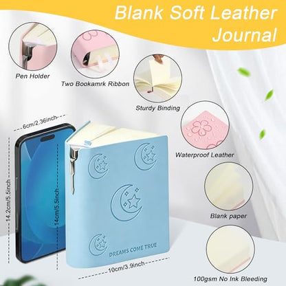 Thick Blank Journal Notebook 400 page With Pen Holder 100gsm Thick Blank Paper，A6 Unlined Plain Sketchbook ， Small Soft Leather Unlined Pocket Blank Notebook For Women Drawing Book Memo Writing Sketch Travel Diary 3.9 × 5.5 (Dreams Come True) - color: Blu