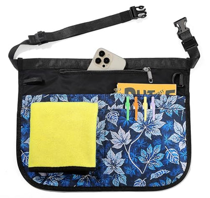 Waterproof Server Apron for Women with 5 Pockets,Quickly Put on and Take off Waitress Aprons,Work Apron for Bartender Barista - color: Blue Leaves