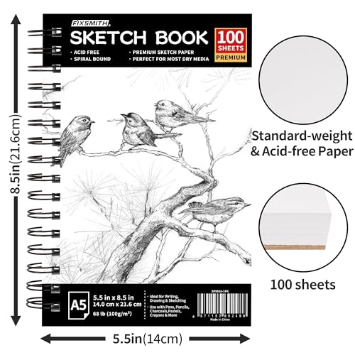 FIXSMITH 5.5"X8.5" Sketch Book | 100 Sheets (68 lb/100gsm) Sketchbook| Acid Free Drawing Paper | Spiral Bound Artist Sketch Pad | for Kids, Beginners, Artists & Professionals | Bright White - color: Black, size: 5.5"x8.5"-1 Pack