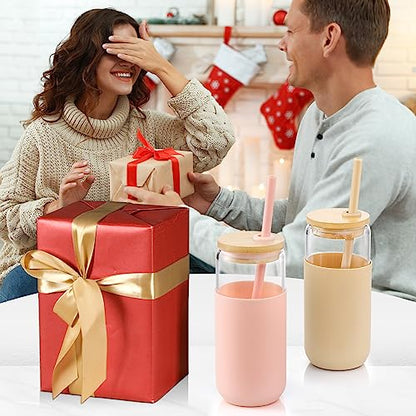 VITEVER 20 OZ Glass Cups with Bamboo Lids and Straws - Beer Can Drinking Glasses with Silicone Protective Sleeve Set, Iced Coffee Glasses, Cute Tumbler Cup for Water, Tea, Gift - Pink, Amber - color: Amber Pink