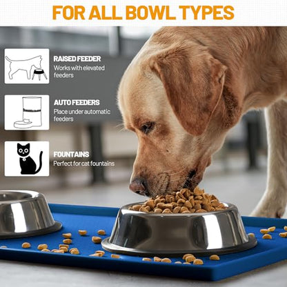 Hubulk Dog Feeding Mat,100% Waterproof Food Grade Silicone Pet Food and Water Bowl Placemat,Dishwasher, High Raised Edge to Prevent Spills,Nonslip Tray to Stop Messes on Floor (19"x12"x0.5", Navy) - color: Navy, size: 19"l X 12"w