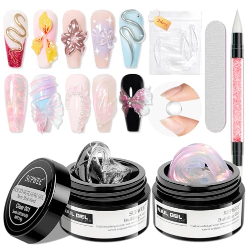 Pink Aurora and Clear Nail Extension Gel Solid Builder Gel for Nails 3D Sculpture Molding Carving Home DIY Gift for Women Girls - color: Clear&Pink Aurora