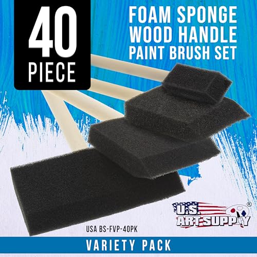 U.S. Art Supply Variety Pack Foam Sponge Wood Handle Paint Brush Set (Value Pack of 40 Brushes) - Lightweight, Durable and Great for Acrylics, Stains, Varnishes, Crafts, Art