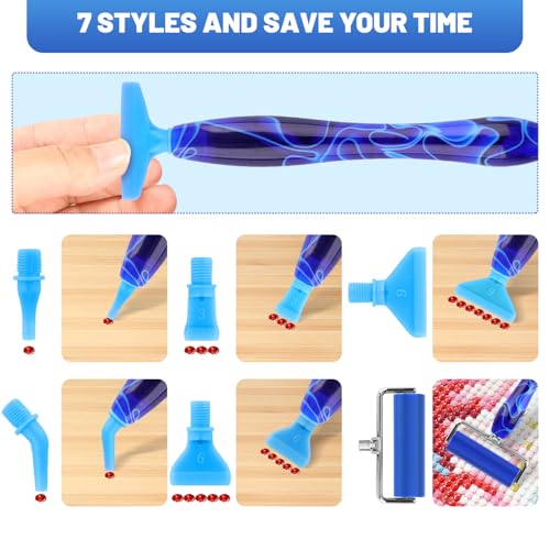 14 Pcs Diamond Art Pens Tools Set, 5D Diamond Painting Pens Kit with Metal Tip Roller and 6 Glue Clays, for Art Craft Nail, Blue