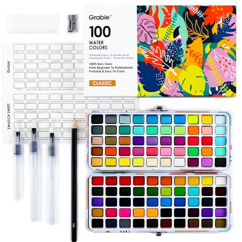 Grabie 100 Colors Watercolor Paint Set - 50 Regular, 35 Metallic, 10 Macaron and 5 Fluorescent Colors - Portable with Carrying Case, Water Brush Pens, and Accessories - For Beginners and Professionals - color: 100 Colors