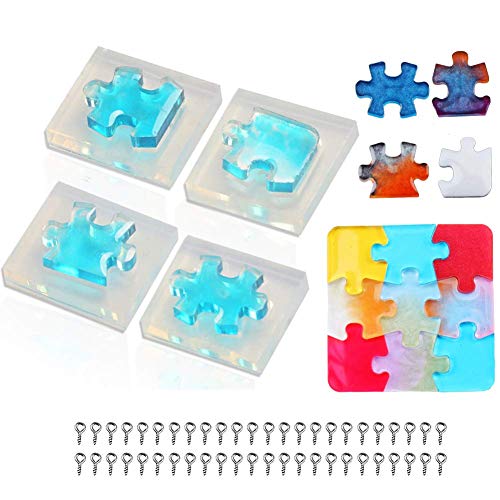 4Pcs Puzzle Piece Silicone Resin Molds, Mini Puzzle Silicone Epoxy Resin Jewelry Earring Necklace Pendant Keychain Making Mold DIY Handmade Craft Tools