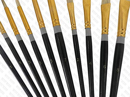 Artist's 100% Natural Hog Hair Bristle Paint Brush Set, 10 Brushes, 6 Round, 4 Flat, Comfortable Handles, for Oil, Acrylic, Watercolor, Tempera, by Tech Team