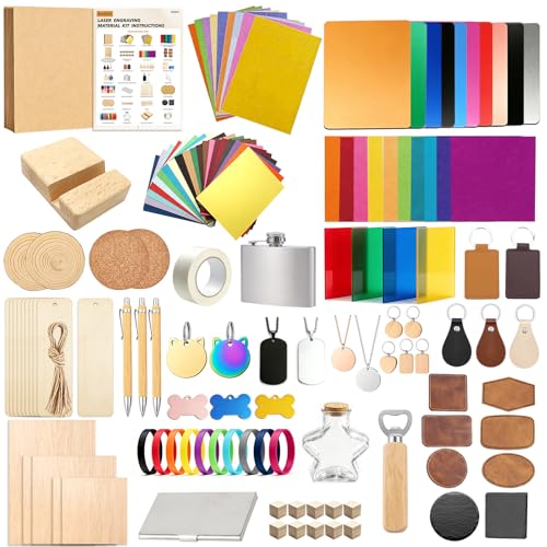 Ecoofor 148 PCS Laser Engraving Materials Kit, Mixed Laser Engraving Blanks Sample Pack with Acrylic, Metal, Wood, Leather, Glass, Rubber & Fabric for Laser Engraver Cutter Testing