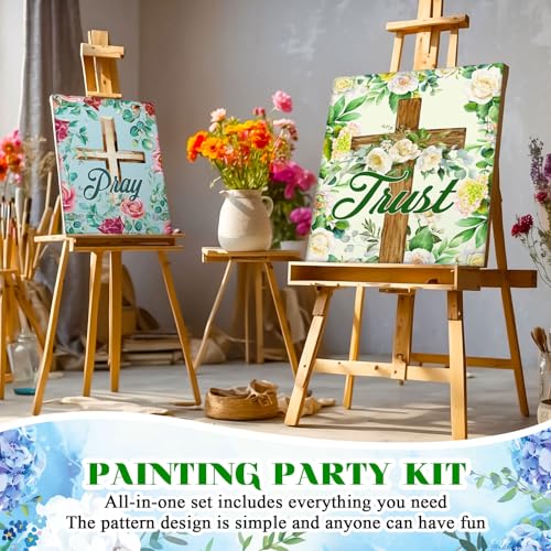 Humyoun 8 Sets 8" x 10" Inspirational Cross Pre Drawn Canvas to Paint for Sip and Paint Party Religious Predrawn Coloring Set Pre Sketched Canvas Boards with Paints and Brushes for Adult - style: Cross