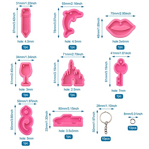 Craftdady 8pcs Keychain Pendant Silicone Molds Pencil Dolphin Lip Castle Key Charm Resin Casting Molds with Key Rings Jump Rings for Keychain Jewelry Craft Making - color: Pink Mixed Keychain Mold