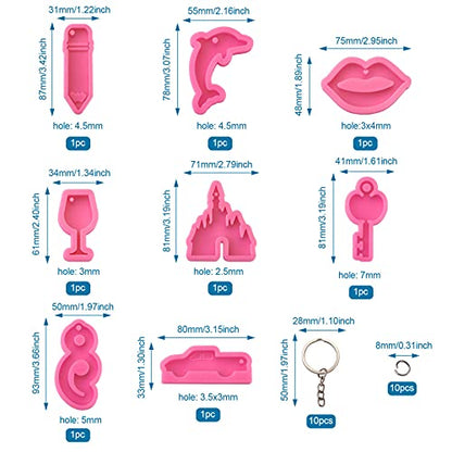 Craftdady 8pcs Keychain Pendant Silicone Molds Pencil Dolphin Lip Castle Key Charm Resin Casting Molds with Key Rings Jump Rings for Keychain Jewelry Craft Making - color: Pink Mixed Keychain Mold