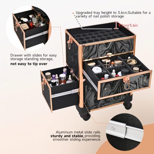 Somduy Rolling Makeup Case with Drawer, Makeup Train Case, Cosmetology Case on Wheels for Salon Barber, Rose Gold Black - color: Rose Gold Black