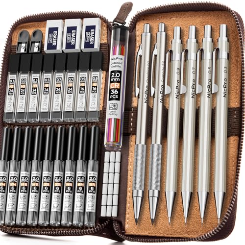 Nicpro 33PCS Metal Mechanical Pencil Set in Leather Case, Art Drafting Pencil 0.3, 0.5, 0.7, 0.9 mm, 2mm Lead Pencil Holders for Sketching Drawing With 18 Tube (6B 4B 2B HB 2H 4H Colors) Lead Refills - color: Champagne, size: 33 PCS