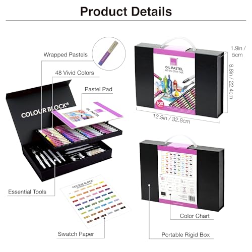 COLOUR BLOCK Oil Pastels All-in-One Art Set 103 PCS, 48 Colors Oil Pastels with 9 Tools, Blending Stumps, Tortillions, Brushes, Metal Palette Knives, Pad for Beginners and Professional Artists