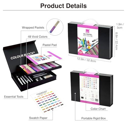 COLOUR BLOCK Oil Pastels All-in-One Art Set 103 PCS, 48 Colors Oil Pastels with 9 Tools, Blending Stumps, Tortillions, Brushes, Metal Palette Knives, Pad for Beginners and Professional Artists