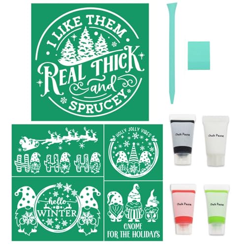 8PCS Christmas Tree Silk Screen Stencils,Mini Christmas Chalk Paste for Transfers Stencil Winter Self Adhesive Stencils Reusable for Painting on Wood,Fabric,Home Decor,Chalk Paint Mini Squeegees Set - color: 8 PCS Xmas tree paste kit